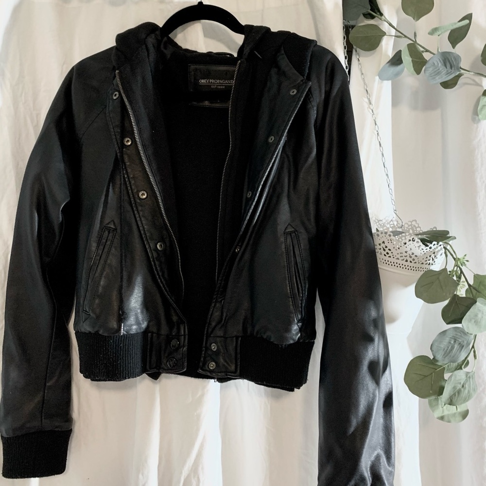 Obey faux leather jacket with hood